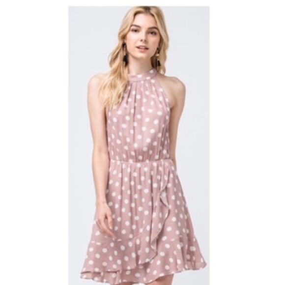 Entro Mauve with white polka dots front ruffle halter neck Size Large - Picture 1 of 8